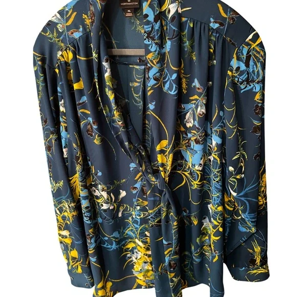 Worthington Blue and Yellow Floral Wrap Top - Picture 6 of 10